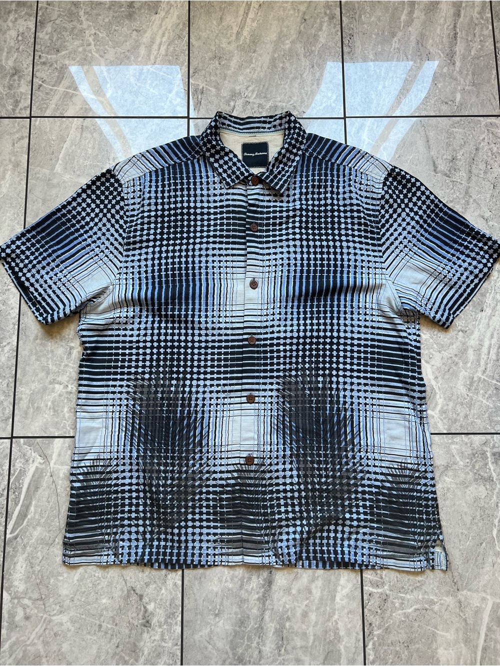 Tommy Bahama Mens XL Silk Short Sleeve Button Down Shirt Blue Geometric Palm